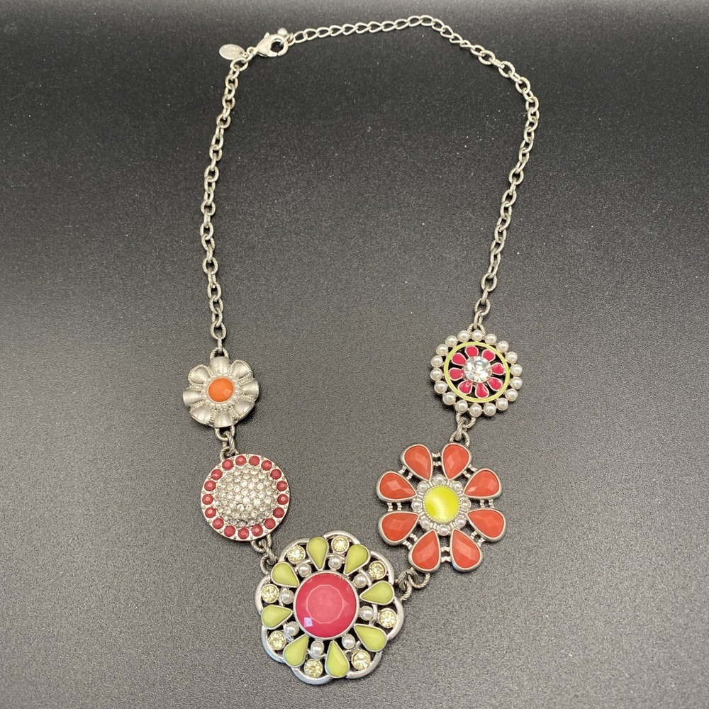 Vintage Necklace Signed Lia Sophia Faux Pearl Rhinestone Flower Statement